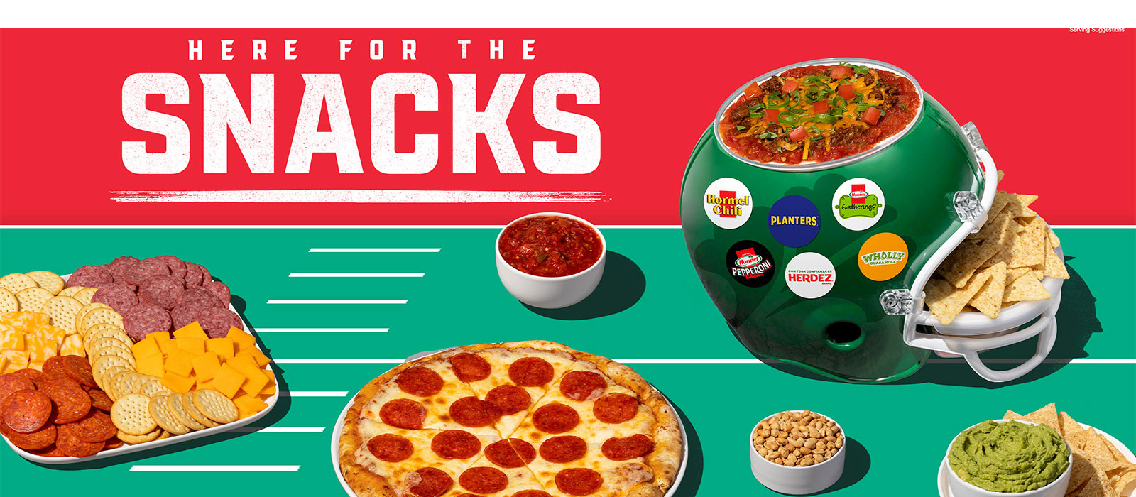 Here for the snacks logo with a party tray, pizza, salsa, peanuts and guac with chips on a football themed surface