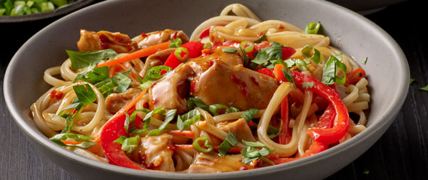 Noodles, peppers, and chicken topped with green onions in a bowl